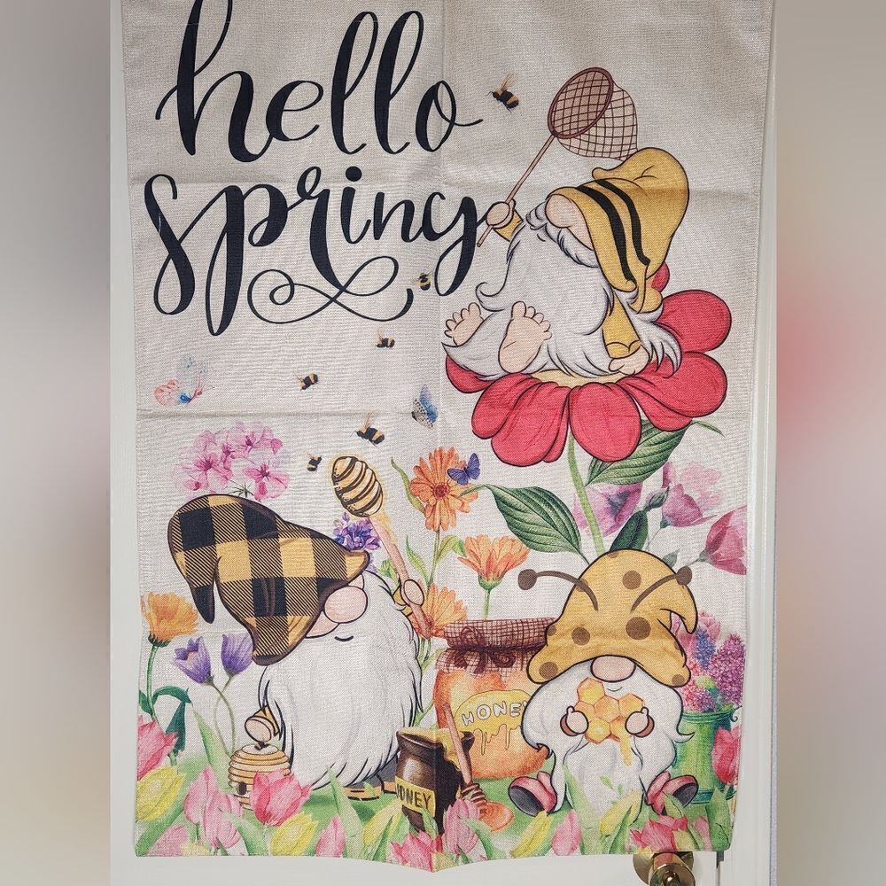 Hello Spring Flag 39.5"×28"Double Sided Trick or Banner Gnomes Flowers Polyester - Picture 6 of 6
